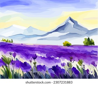 Abstract outdoor natural background, beautiful lavender landscape colorful painting in watercolor style, vector EPS 10 illustration