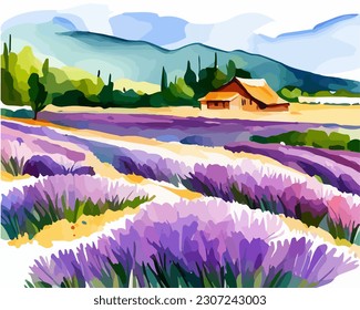 Resumen de fondo natural exterior, hermoso paisaje de lavanda pintado colorido en estilo acuarela, vector EPS 10 ilustración 