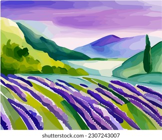 Resumen de fondo natural exterior, hermoso paisaje de lavanda pintado colorido en estilo acuarela, vector EPS 10 ilustración 