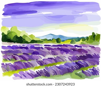 Abstract outdoor natural background, beautiful lavender landscape colorful painting in watercolor style, vector EPS 10 illustration 