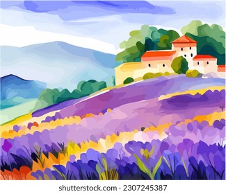 Abstract outdoor natural background, beautiful lavender landscape colorful painting in watercolor style, vector EPS 10 illustration 