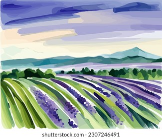 Abstract outdoor natural background, beautiful lavender landscape colorful painting in watercolor style, vector EPS 10 illustration 