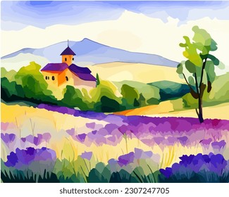 Abstract outdoor natural background, beautiful lavender landscape colorful painting in watercolor style, vector EPS 10 illustration 