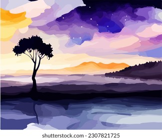 Abstract outdoor natural background, beautiful landscape colorful painting in watercolor style, vector EPS 10 illustration 
