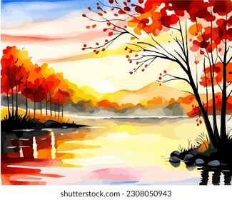 Abstract outdoor natural background, beautiful landscape colorful painting in watercolor style, vector EPS 10 illustration 