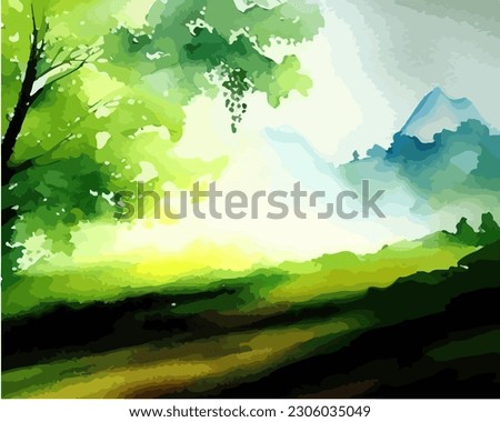 Abstract outdoor natural background, beautiful spring landscape colorful painting in watercolor style, vector EPS 10 illustration 