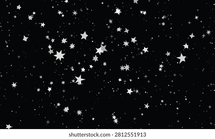 Abstract outer space background filled with dense scattered white stars and cross sparkles on a black field