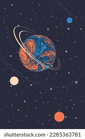 Abstract outer space with stars and planets, retro style illustration.