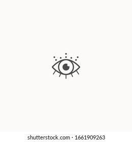 Abstract outline black evil Eye with eyelashes. Wide open. Minimalistic Look and Vision Icon. Pre-made Logo. Simple design. Graphic Vector Trendy illustration. Isolated on a gray background