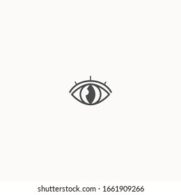 Abstract outline black evil Eye with eyelashes. Wide open. Minimalistic Look and Vision Icon. Pre-made Logo. Simple design. Graphic Vector Trendy illustration. Isolated on a gray background