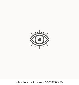 Abstract outline black evil Eye with eyelashes. Wide open. Minimalistic Look and Vision Icon. Pre-made Logo. Simple design. Graphic Vector Trendy illustration. Isolated on a gray background