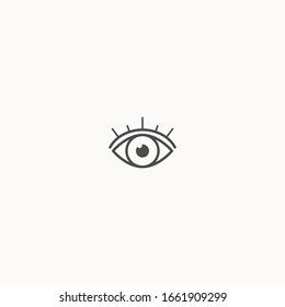 Abstract outline black evil Eye with eyelashes. Wide open. Minimalistic Look and Vision Icon. Pre-made Logo. Simple design. Graphic Vector Trendy illustration. Isolated on a gray background