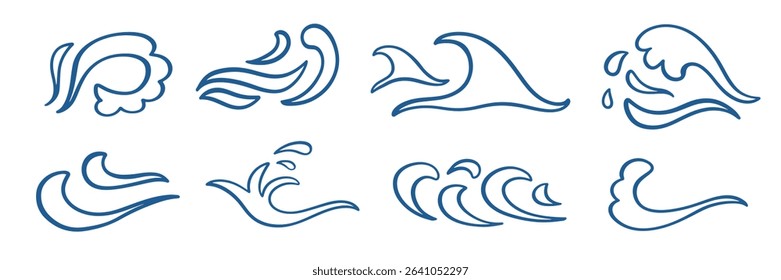 Abstract outline blue ocean waves logo icons set. Hand drawn sea line water wave vector design elements collection. Marine decorative splashes sign illustration. Tsunami, nautical storm shapes