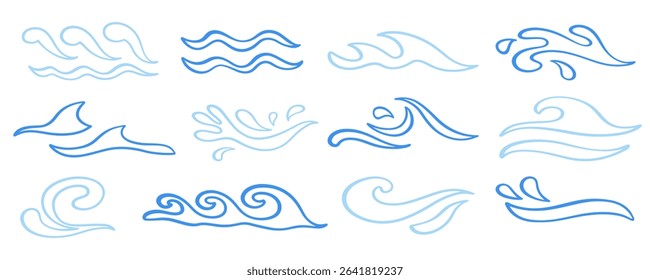 Abstract outline blue ocean waves logo icons set. Hand drawn sea line water wave vector design elements collection. Marine  splashes sign illustration. Tsunami, nautical storm different shapes