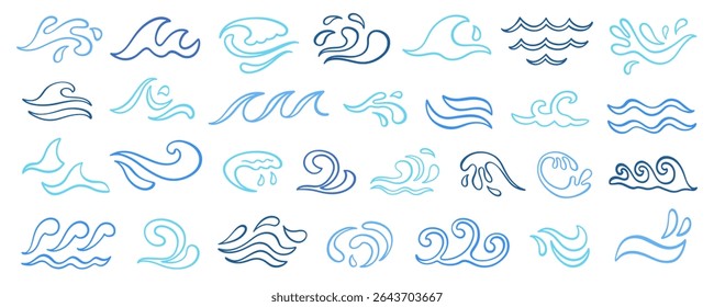 Abstract outline blue ocean waves logo icons set. Hand drawn sea line water wave vector design elements collection. Marine  splashes sign illustration. Tsunami, nautical storm different shapes