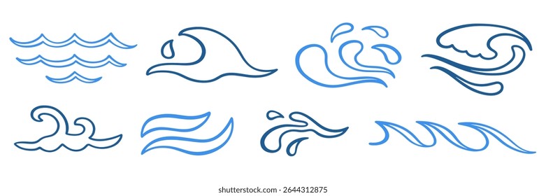 Abstract outline blue ocean waves logo icons set. Hand drawn sea line water wave vector design elements collection. Marine  splashes sign illustration. Tsunami, nautical storm different shapes