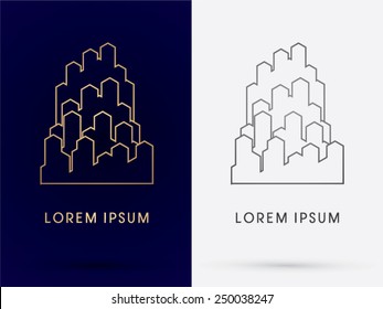 Abstract outline Building,architecture, designed using gold and black line, logo, symbol, icon, graphic, vector.