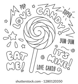 Abstract outline candy on white background. Fashion illustration drawing in modern style for clothes. Drawing for kids clothes, t-shirts, textiles and fabrics or packaging.