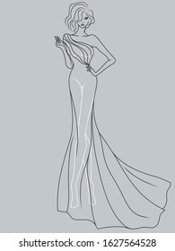 Abstract outline of charming and elegant lady in a sophisticated evening gown design isolated on the muted blue gray background