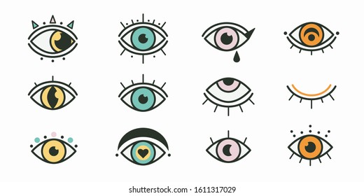 Abstract outline colored eyes, eyelashes. Closed and open. Minimalistic look and vision icons. Graphic vector set. Simple design. Trendy illustration. All elements are isolated
