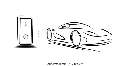 Abstract outline custom made electric sportcar bright lines silhouette with charge station