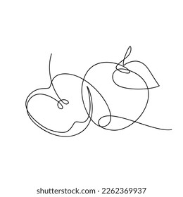 Abstract outline cut apple with leaf vector. Line continuous hand drawn illustration. Garden fruit icon, linear silhouette. Minimal design, print, banner, card, brochure, logo, menu.