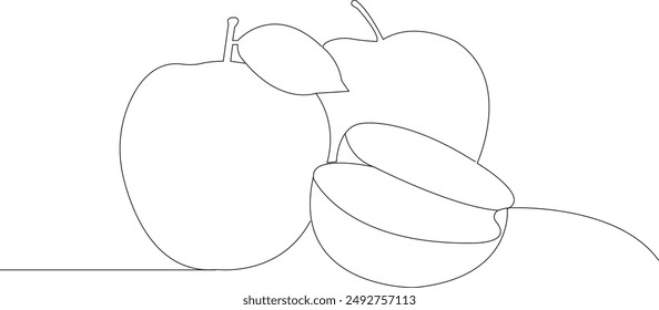 Abstrakter Umriss geschnittenen Apfel mit Blatt-Vektorgrafik. Linie durchgehende handgezeichnete Illustration. Gartenfrucht-Symbol, lineare Silhouette. Minimales Design, Druck, Menü.
