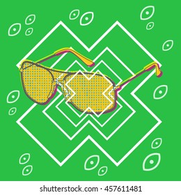 Abstract outline drawing of glasses with graphic elements, simple art for web and print design appealing for vision and optic theme.