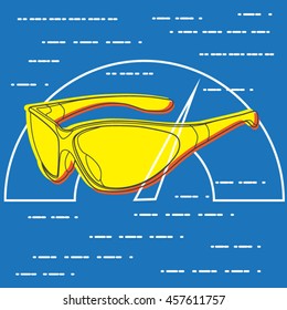 Abstract outline drawing of glasses with graphic elements, simple art for web and print design appealing for sport vision and optic theme.