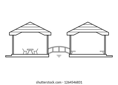 Abstract outline drawing, two connected houses with wood bridge vector illustration