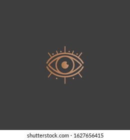 Abstract outline Eye, eyelashes. Golden gradient. Wide open eye. Minimalistic Look and Vision Icon, logo. Graphic vector eye. Simple design. Trendy illustration