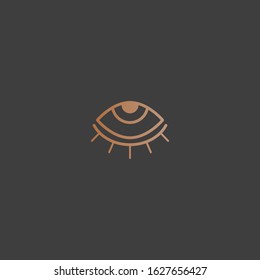 Abstract outline Eye, eyelashes. Golden gradient. Wide open eye. Minimalistic Look and Vision Icon, logo. Graphic vector eye. Simple design. Trendy illustration