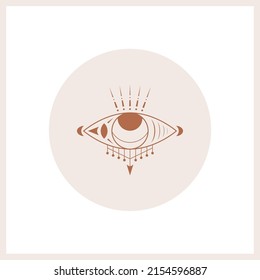Esquema abstracto Ojo. Estilo de arte lineal simple y minimalista. Ilustración de moda vectorial. Icono redondo aislado. Boho, esotérico, brujería, alquimia, concepto místico. Logo, avatar, afiche, plantilla de impresión