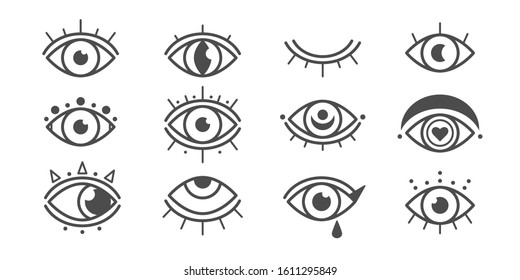 Abstract outline eyes, eyelashes. Closed and wide open. Minimalistic Look and Vision icons. Graphic vector set. Simple design. Trendy illustration. All elements are isolated