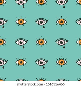 Abstract outline eyes, eyelashes. Wide open. Minimalistic Look and Vision icons. Colored vector seamless pattern. Simple design. Trendy illustration. Blue Background, wallpaper. Equal interval