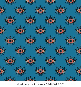 Abstract outline eyes, eyelashes. Wide open. Minimalistic Look and Vision icons. Colored vector seamless pattern. Simple design. Trendy illustration. Blue Background, wallpaper. Equal interval