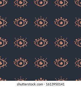 Abstract outline eyes. Rose gold gradient. Minimalistic Look and Vision icons. Graphic vector seamless pattern. Simple design. Trendy illustration. Equal interval. Dark background