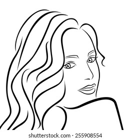 Abstract outline female half turn portrait, black over white hand drawing vector artwork