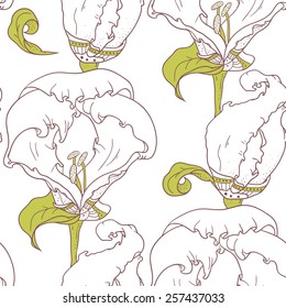 Abstract outline floral seamless pattern with hand drawn flowers in vector. Background in sketch style