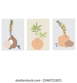 Abstract outline flowers set.  Minimal line art. Black plant silhouettes on a colored background.