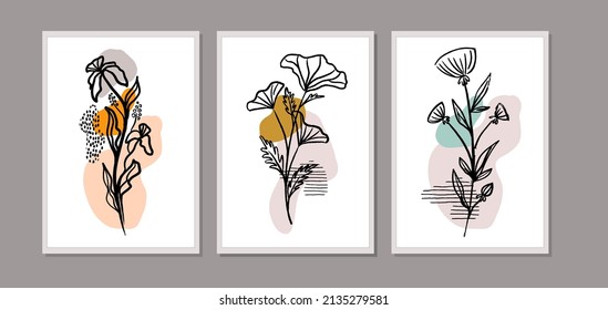 Abstract outline flowers vector set.  Minimal line art. Black plant silhouettes on a colored background.  Trendy simple floral tattoo design. Sketch summer and spring herbs. Continuous doodle flowers.