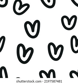 Abstract outline heart seamless pattern, black and white texture, hand-drawn background, wallpapers, endless ornament, repeating print. Doodle vector illustration for textiles, wrapping paper, fabric