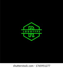 abstract outline hexagon green R logotype simple design concept.