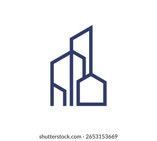Abstract outline icon of modern buildings in geometric style. Minimalist architectural shapes representing urban development, real estate, and construction concepts. Ideal for property business, archi