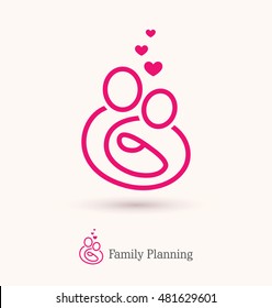 Abstract Outline Icon Of Young Parents With A Baby. Can Be Used As Logo For A Family Planning Or Care Concept, Women's Health, Pregnancy Help Center Etc.