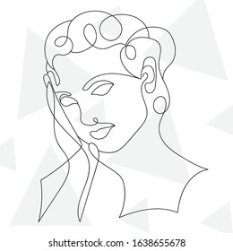 Abstract outline illustration of female face. Linear art. Woman silhouette. Textile decor. Concept of emotions. Geometrical grey background.
