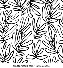 Abstract outline leaves and branches seamless pattern. Hand drawn black brush painted branches with rounded leaves. Eucalyptus, basil or olive modern pattern. Vector foliage silhouettes.