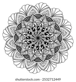 Abstract outline mandela with zen patterns, creative coloring page vector illustration for activity 