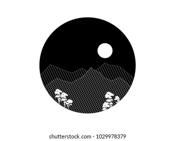 abstract outline mountains landscspe vector illustration. logo in a circle frame