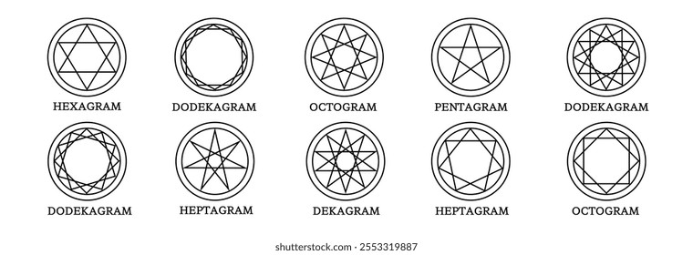 Abstract outline of pentagrams, hexagons, and mystical shapes in a simple, magical style. This minimalistic set is ideal for esoteric, spiritual, and alchemical themes.